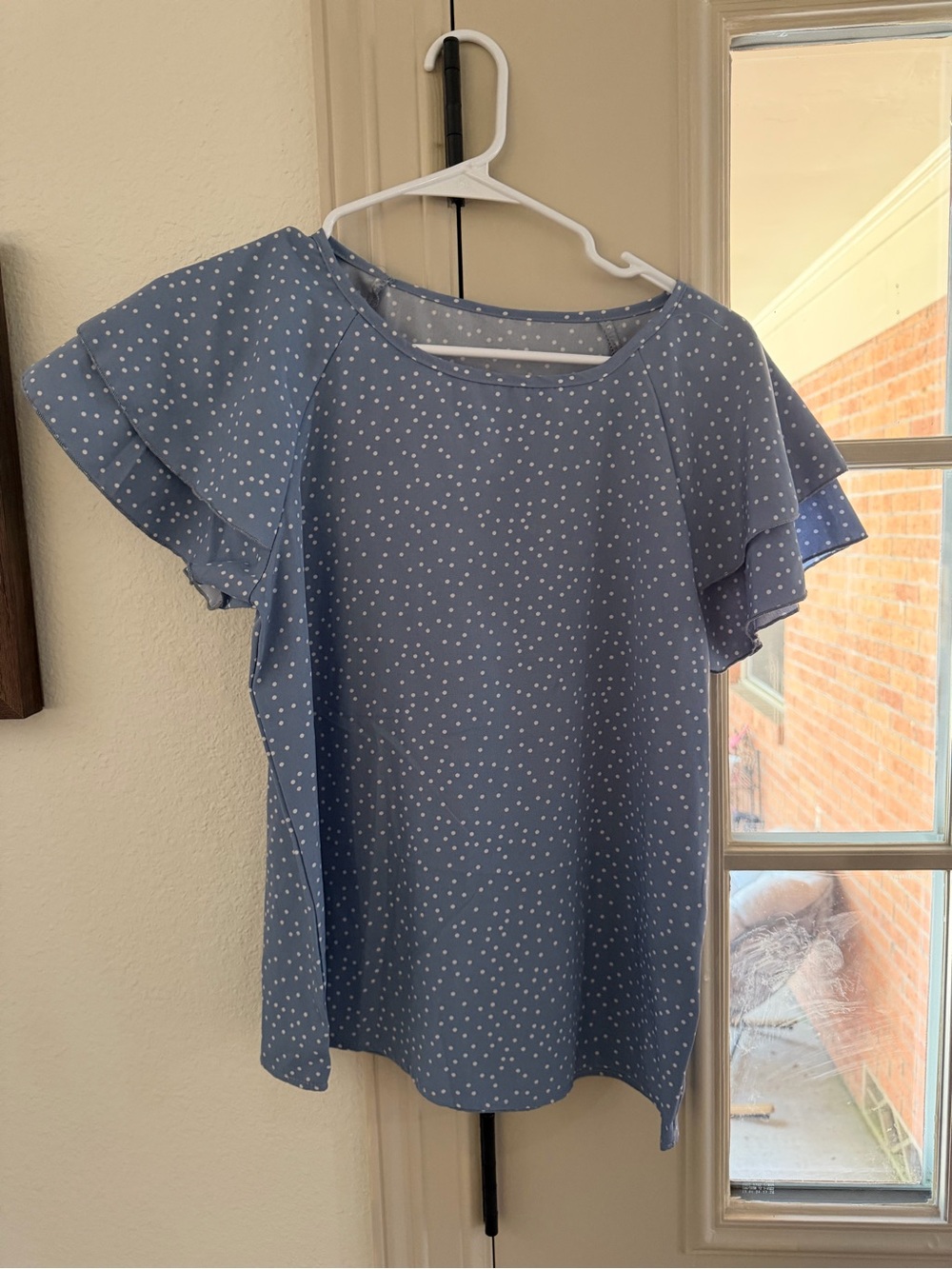 Women's Light Blue Polka Dot Flutter Sleeve Top